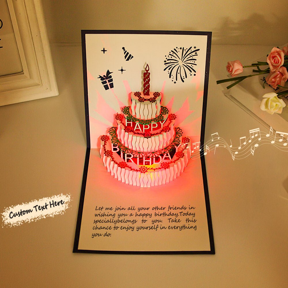 Custom Text 3D Pop-up Birthday Card Led Lights Birthday Cake Music ...